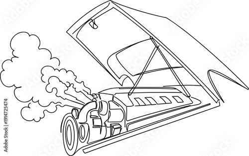 Line drawing of a vintage steam locomotive engine with smoke billowing from the chimney on a transparent background