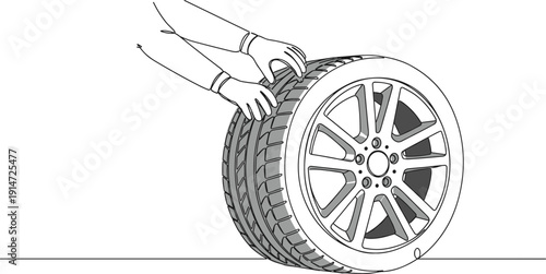 Line drawing of a person changing a tire outdoors with gloves on a black background isolated on a transparent background