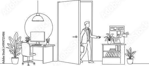 Line drawing of a businessman entering an office with a laptop, desk, and plants on a transparent background