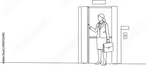 Line drawing of a businesswoman standing in an elevator holding a briefcase on a transparent background