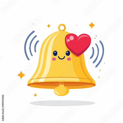 A cheerful cartoon bell with a smiling face and a red heart on its side, surrounded by sparkles and sound waves on a white background.