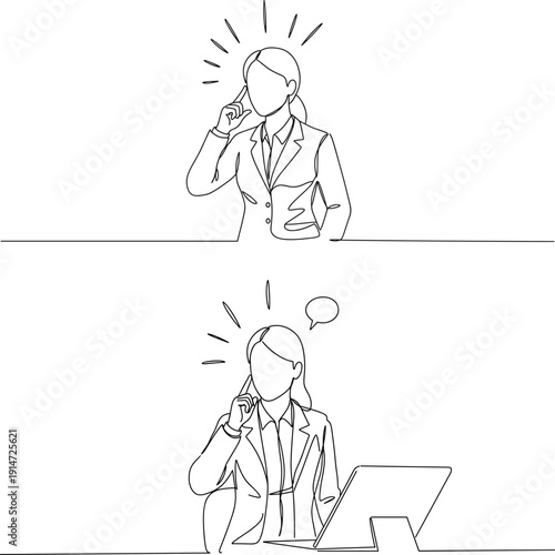 Line drawing of a businesswoman thinking while holding her finger to her chin isolated on transparent background illustrating a thoughtful concept and idea generation