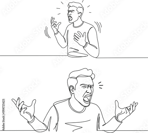 Line drawing of a man expressing anger with gesturing hands in a minimal style on a transparent background