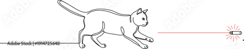 Line drawing of a playful cat chasing a laser pointer on a transparent background with dynamic lines illustrating movement and excitement