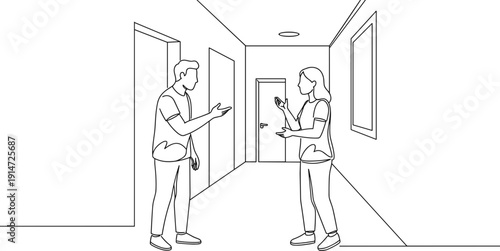 Line drawing of two people talking in a hallway, discussing something important, with doorways and windows in the background, isolated on transparent background