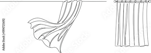 Line drawing of flowing curtains in an indoor setting, showing delicate shapes and folds, isolated on a transparent background