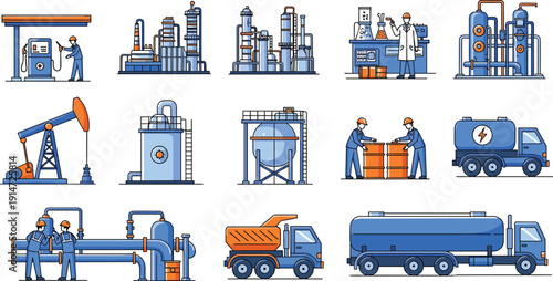 Oil and gas industry vector icon set with refinery equipment, pumpjack, workers and fuel tanker trucks