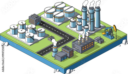 Isometric oil refinery industrial zone with storage tanks, factory buildings, pipelines and pumpjack drilling rig illustration