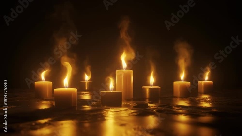 3D scene of multiple glowing candles on a dark background, soft warm flickering flames, gent
