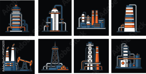 Oil refinery and drilling rig industrial icon set with petrochemical plants and distillation towers on dark background