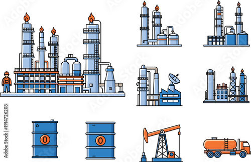 Oil and gas industry icon collection with refinery plant, pumpjack, storage barrels and fuel tanker truck illustration