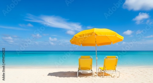 Sunny beach scene with yellow umbrella and chairs on white sand with blue sea.