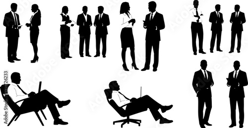 Business people silhouette, corporate professional team, meeting discussion, office working, management staff, leadership group, coworkers networking, entrepreneur character set, formal attire.