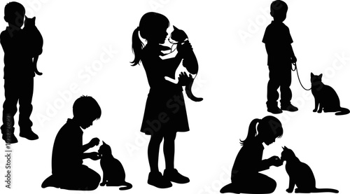 Happy children playing with pet cats silhouette collection, little boy and girl holding kittens, child walking cat on leash vector,