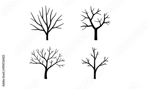 Bare tree silhouette set with leafless branches dead winter trees black design for nature seasonal illustration halloween gothic decoration vector graphic element collection