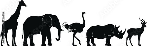 African safari wildlife animal silhouettes set including giraffe elephant ostrich rhinoceros and antelope, isolated black vector icons on white background,