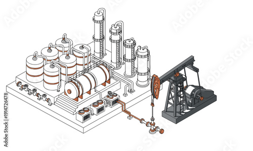 Isometric oil refinery plant with storage tanks, distillation columns, pipelines and pumpjack drilling rig vector illustration