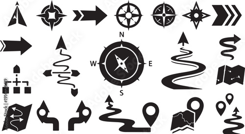 Navigation icons set for mapping and direction guidance tools