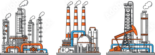 Oil refinery and pumpjack industrial scene with pipelines, smokestacks and petrochemical processing plant vector illustration
