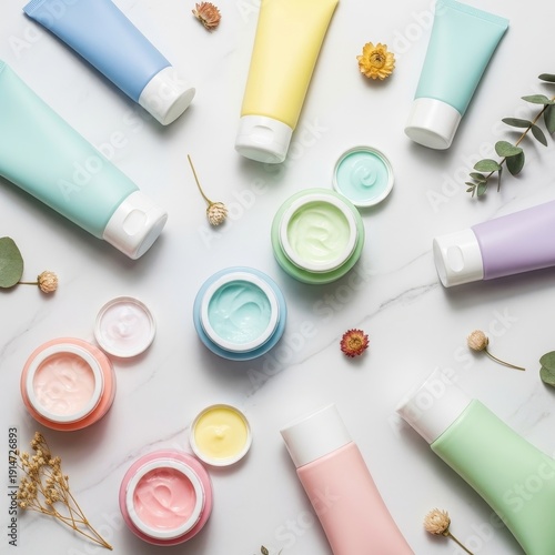 Colorful skincare products arranged with flowers on marble surface