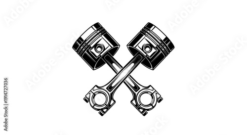 Piston illustration of crossed engine parts on white background