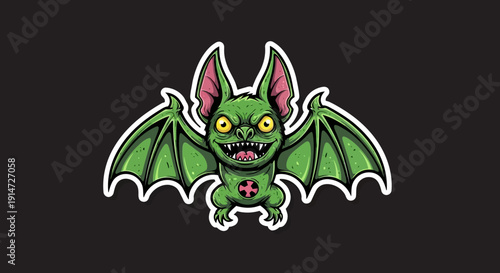 Cartoon Green Bat Flying.