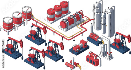 Isometric oil refinery industrial plant with pumpjack rigs, storage tanks, pipelines and petrochemical processing equipment vector illustration