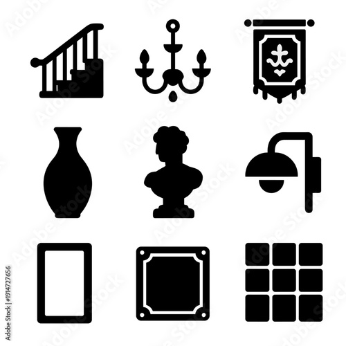 Silhouette icons of classic home decor elements: vase, bust, chandelier