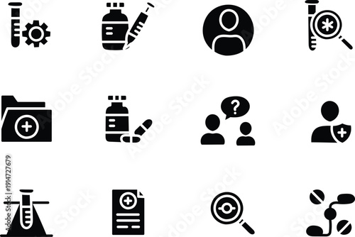 Black business and professional service icon set with user profile, target, analytics, document, support, teamwork, strategy and management symbols isolated on light background for corporate design