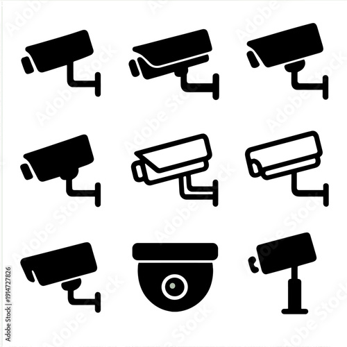 Nine black security camera icons on grey background for modern surveillance themes