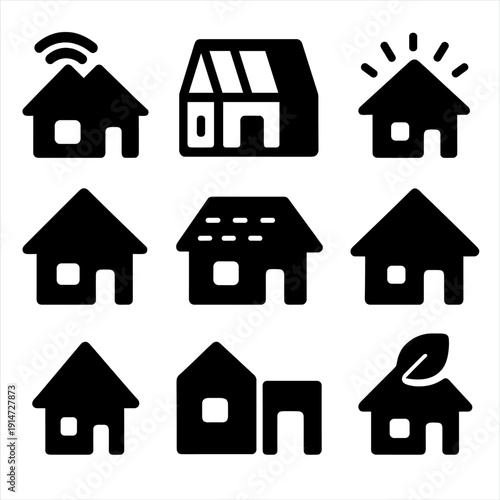Collection of house icons featuring smart, solar, and eco-friendly designs