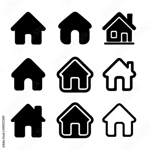 Diverse home icon set with nine unique house shapes and styles