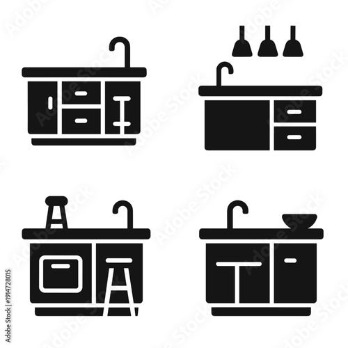 Minimalist black kitchen icon set featuring appliances and furniture