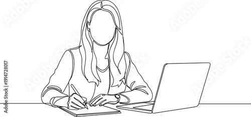 Minimalist continuous line art of a business woman working on a laptop and taking notes at her desk