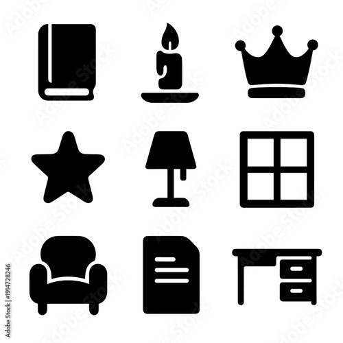 Silhouette icons set: home, decor, and office elements