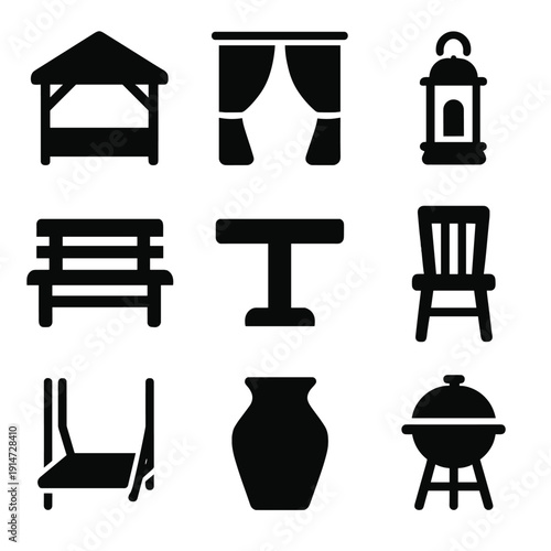 Black silhouette icons of outdoor furniture and decor on gray background