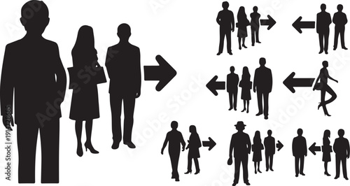 Silhouettes of people walking in different directions together