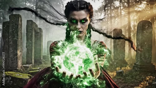 Forest sorceress conjures green magic, amidst mossy stones