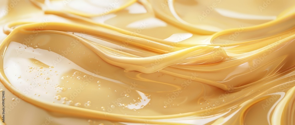 Obraz premium Creamy texture of smooth caramel sauce being poured over a surface in a kitchen setting during daytime