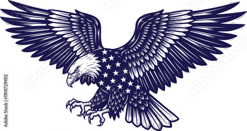American bald eagle vector illustration featuring patriotic star patterns on wings, majestic soaring bird of prey, blue ink style graphic design.