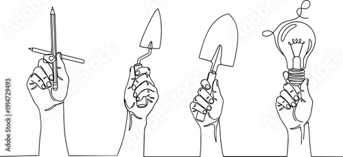 Minimalist continuous one line drawing of hands holding pencils, gardening tools, and a light bulb for creativity and labor concept.