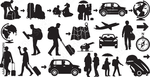 Travel and transportation icons in black and white silhouettes