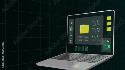 Perspective view of a laptop screen featuring yellow folder icons and organized digital document modules.