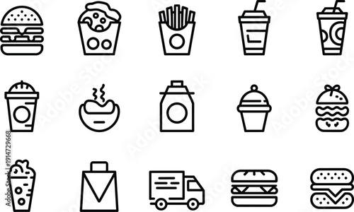 Fast Food and Takeaway Outline Icon Set with Burger Pizza Fries Coffee and Delivery Vector Collection