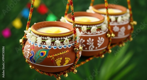 Celebratory hanging pots filled with traditional Indian sweet dish adorned with flowers