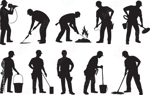 construction worker silhouettes performing drilling shoveling sweeping