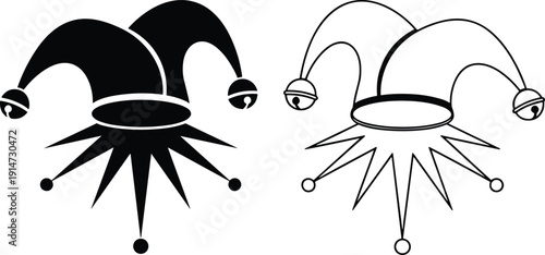 Black and White Jester Hat Vector Icon Set with Bells for Medieval Carnival Joker Costume Entertainment and Playing Card Design
