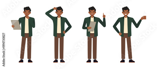 Set of character poses featuring man holding a clipboard, scratching head, having an idea, and drinking coffee for business productivity and office routine. Vector illustration design.