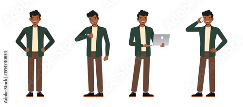 Character set of professional man in casual business attire performing tasks like talking on phone using laptop and checking time for work productivity and office routine. Vector illustration design.