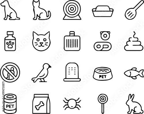 pet icons line art dog cat food bowl carrier medicine toys rabbit fish